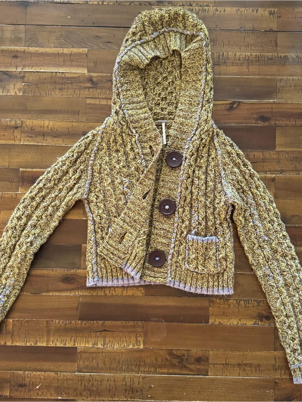 Free People Mustard Cable-Knit Hooded Cardigan with Buttons